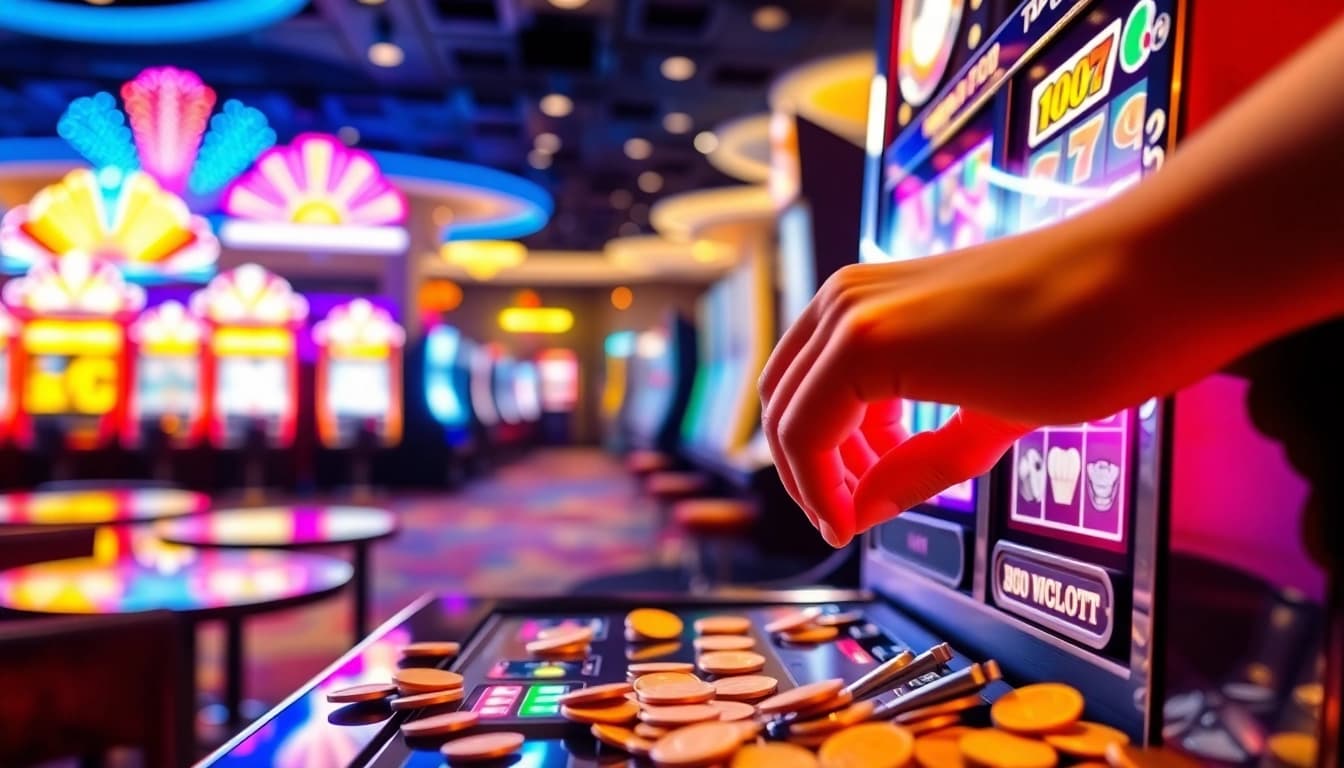 Menangkan Slot deposit 5000 di mesin slot kasino yang penuh warna dan koin berjatuhan.