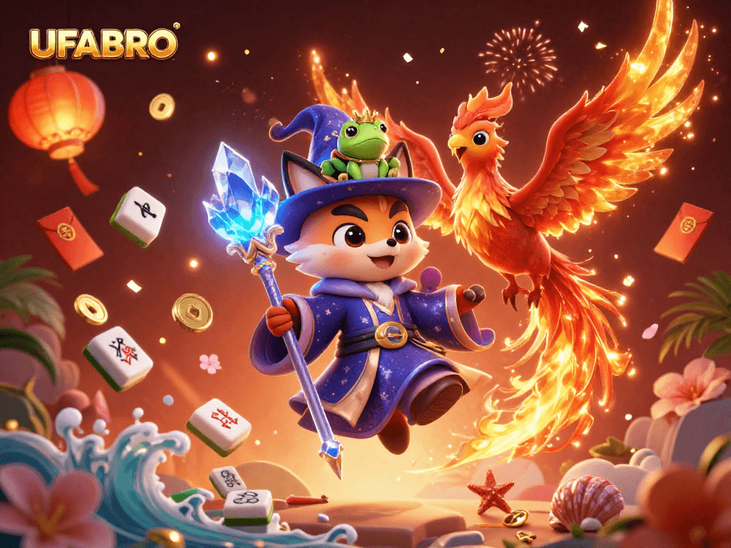 Experience high-stakes excitement at UFABRO with vibrant 3D gaming characters and magical casino elements.