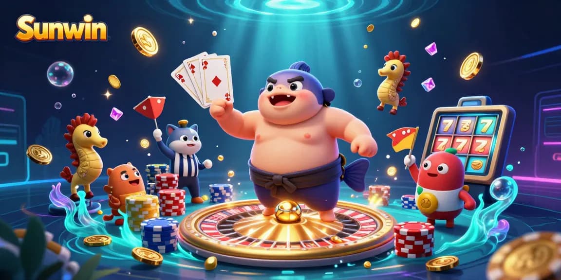 Experience the thrilling world of Sunwin with a lively underwater casino scene featuring a cartoon fugu, catfish referee, and sparkling gems.