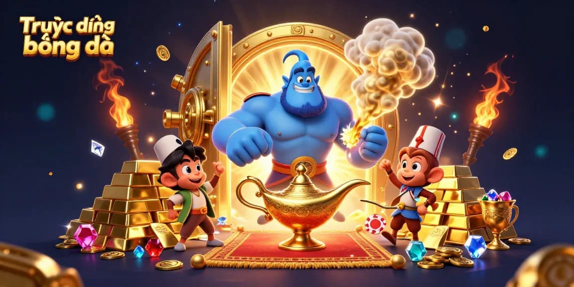 Experience Trực tiếp bóng đá with an ultra-detailed 3D illustration of a genie, monkey, and magic carpet amidst dazzling casino elements.