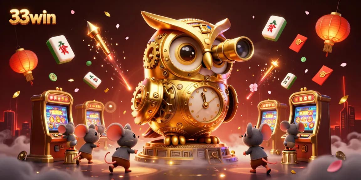 Engage with 33win's exciting 3D casino adventure featuring an owl, mice, and vibrant game elements.