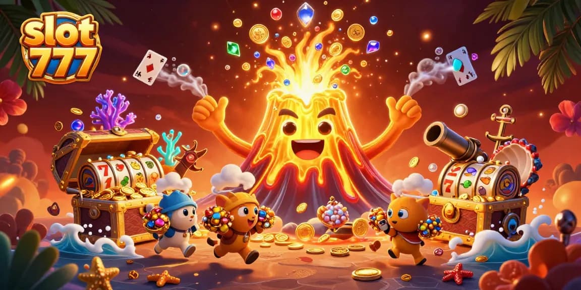 Experience the thrill of slot 777 gaming with a golden volcano unleashing treasures and excitement.