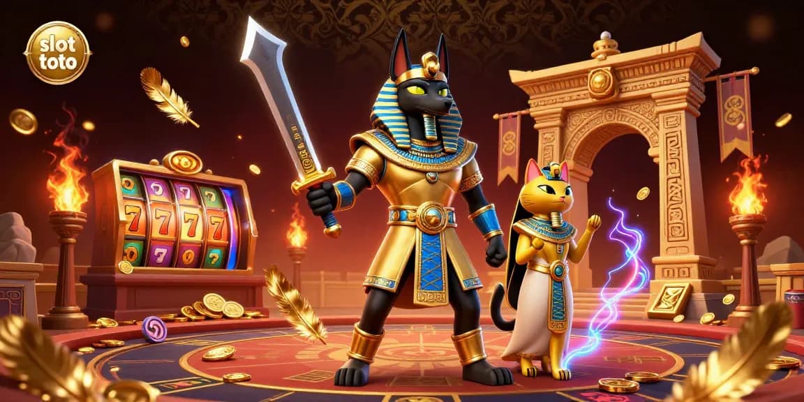 Experience the thrill of slot toto in an ancient Egyptian casino illustrated with vibrant characters and stunning game elements.
