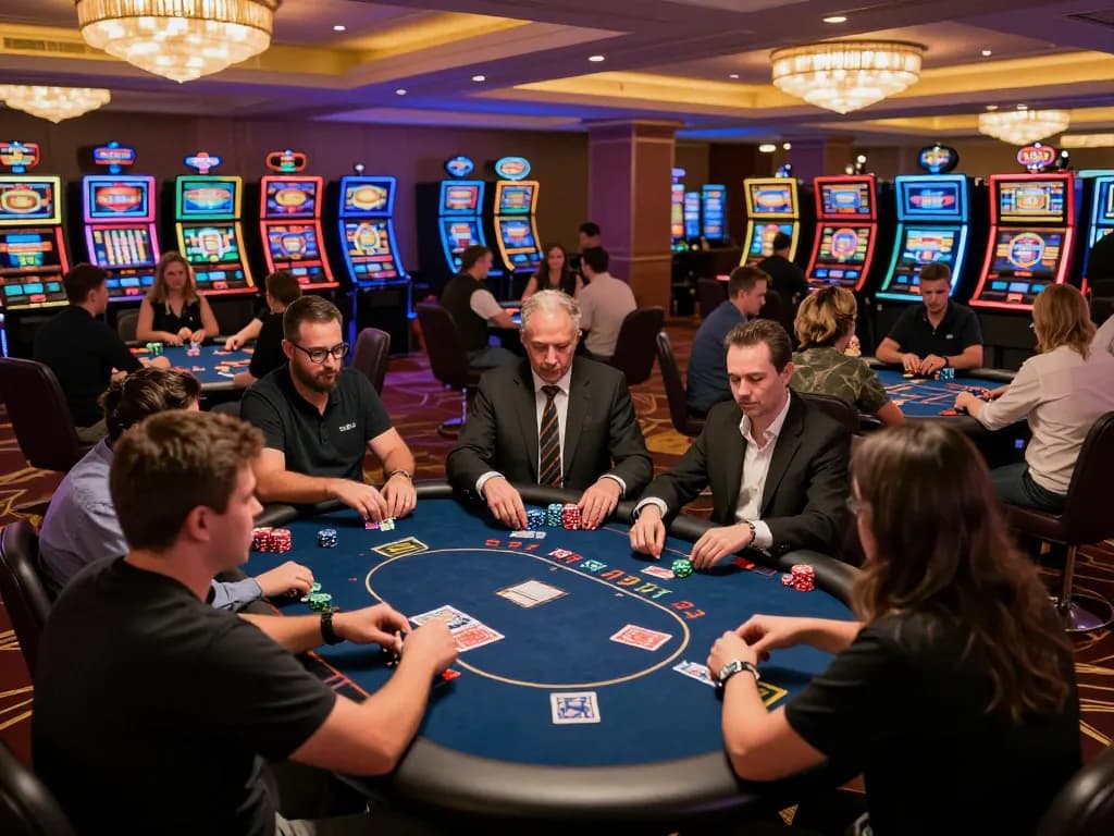 Players engaged at poker tables on XX88 com casino floor, showcasing strategic gameplay and excitement.