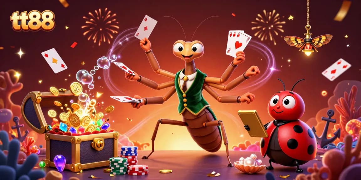 Engage with tt88's 3D cartoon casino scene, featuring a giant praying mantis and ladybug pit boss in vibrant action.
