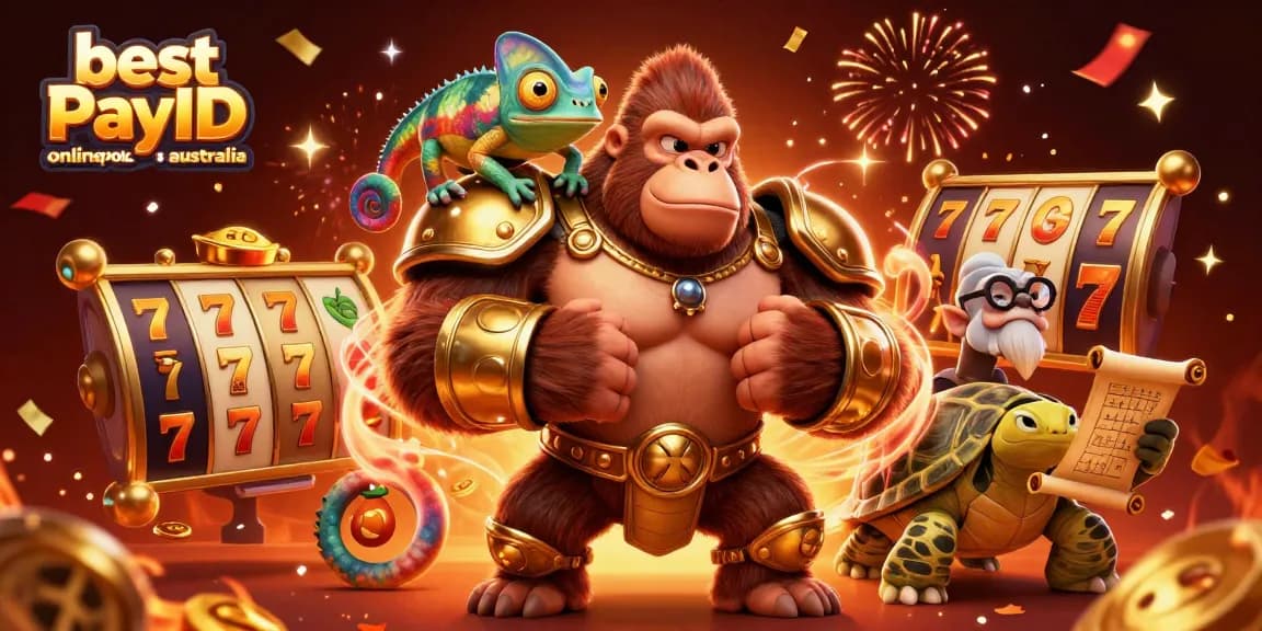 Engage with the best PayID online pokies Australia through this vibrant 3D casino illustration showcasing lively characters and slot game elements.