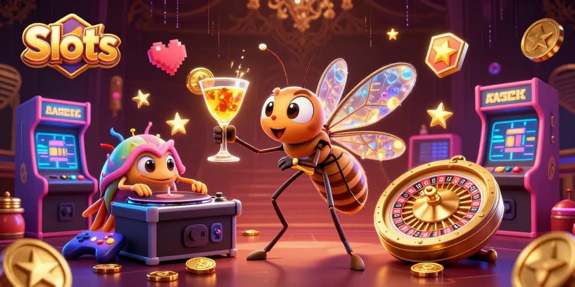 Spin exciting Slots with a 3D animated casino scene featuring vibrant characters and gold elements.