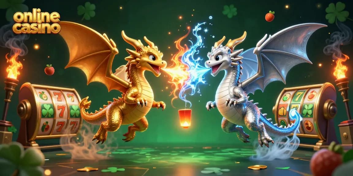 Experience the thrill of an online casino with dragons and spinning slot reels illustrating excitement and potential wins!
