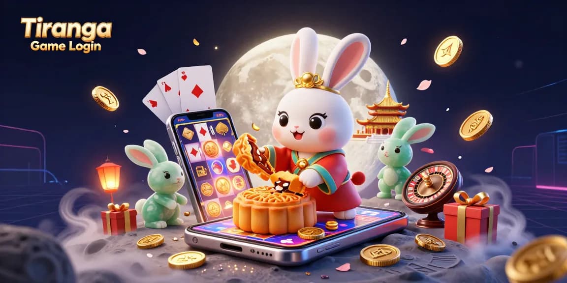 Tiranga Game Login illustration showcasing a moon rabbit with poker chips, vibrant colors, and thrilling casino elements.