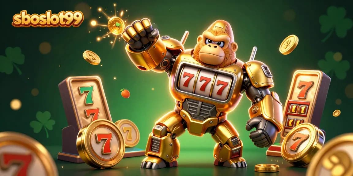 Experience thrilling wins at sboslot99 with a transformer-style golden gorilla mech and vibrant slot elements.