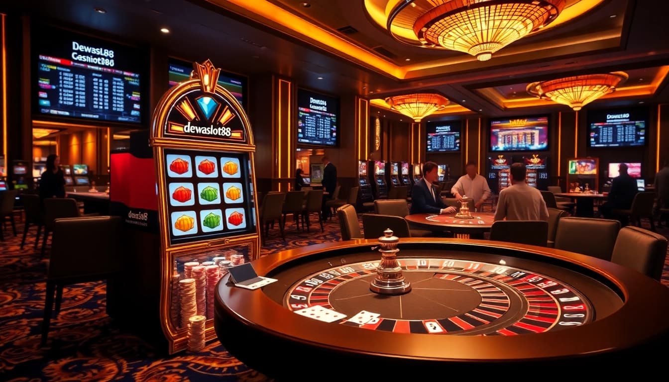 Dewaslot88 branded slot machine with poker chips and roulette wheel in a vibrant casino scene.