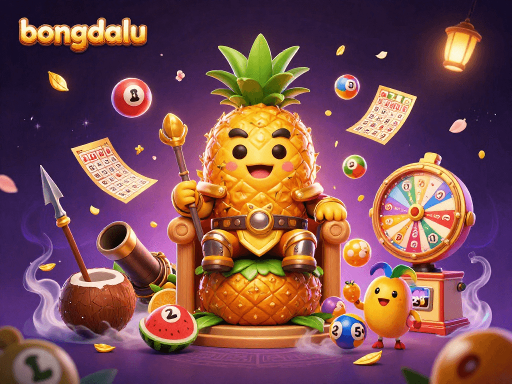 Bongdalu casino scene depicting a pineapple king in 3D illustration with vibrant lottery elements.