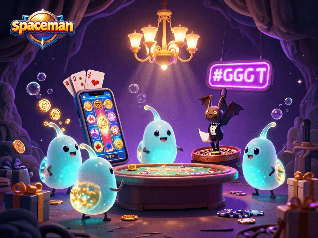 Spaceman slot game scene with glowworms, bat dealer, and interactive gaming elements.