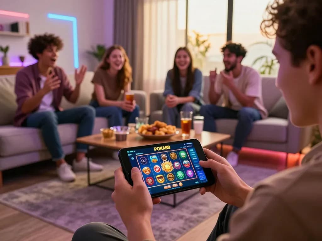 Suasana permainan yang menarik dengan pemain yang terlibat dalam link slot gaco di perangkat seluler dikelilingi oleh teman-teman.