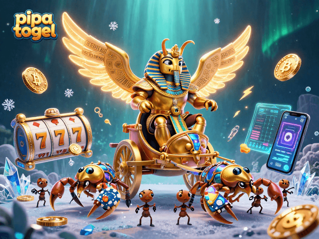 Pipa togel slot gaming scene featuring a golden scarab beetle and scorpions amidst vibrant crypto elements.