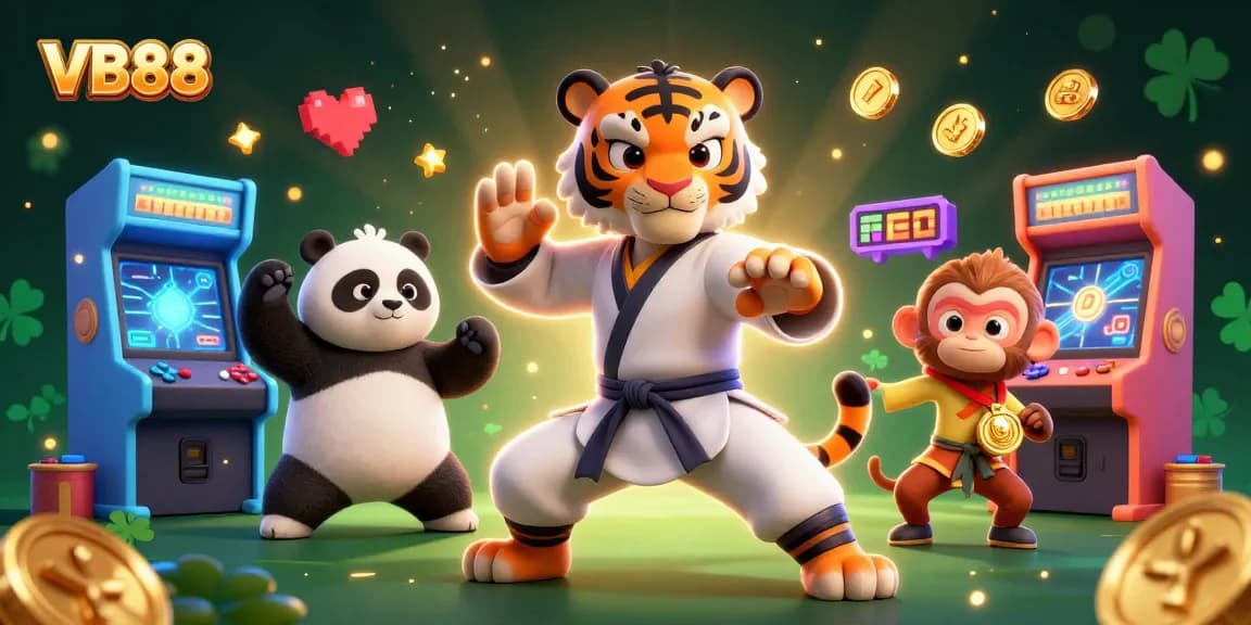 Engage with VB88's vibrant casino illustration featuring a kung fu tiger, panda, and monkey amidst casino elements.