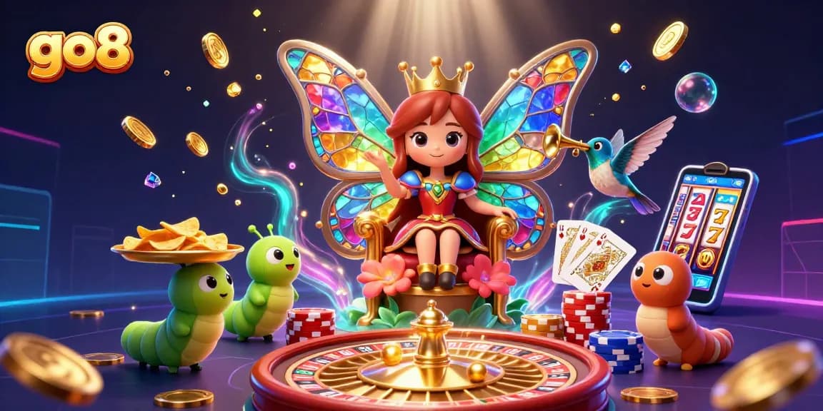 Engage with go8's vibrant casino experience featuring a butterfly queen amidst golden coins and cards.