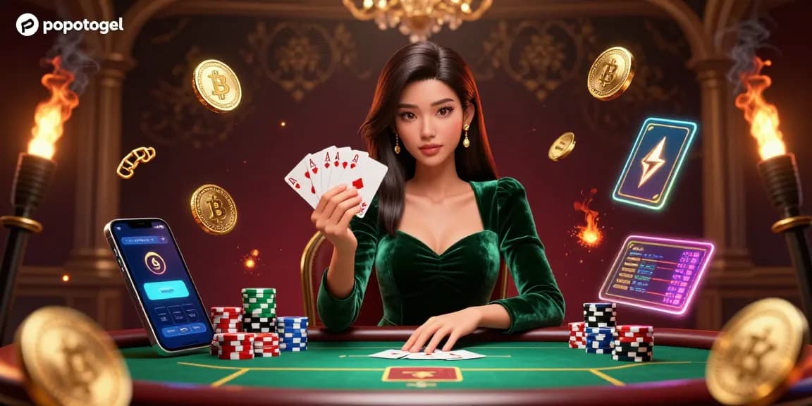 Experience winning strategies with popotogel at a luxury poker table filled with gold coins and vibrant energy.