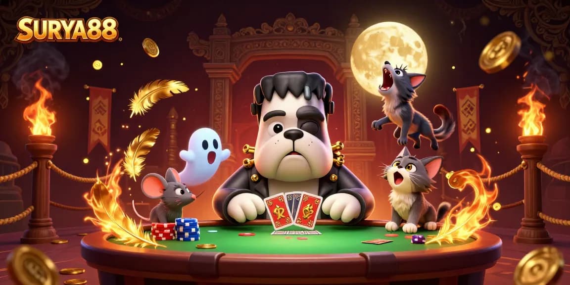SURYA88 engages in thrilling gameplay with a Frankenstein bulldog dealer and ghostly companions in a spooky casino.