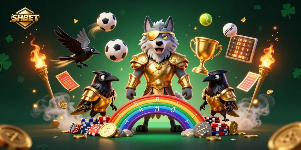 Bet on SHBET with excitement, featuring Odin wolf and sports elements in a vibrant casino scene.