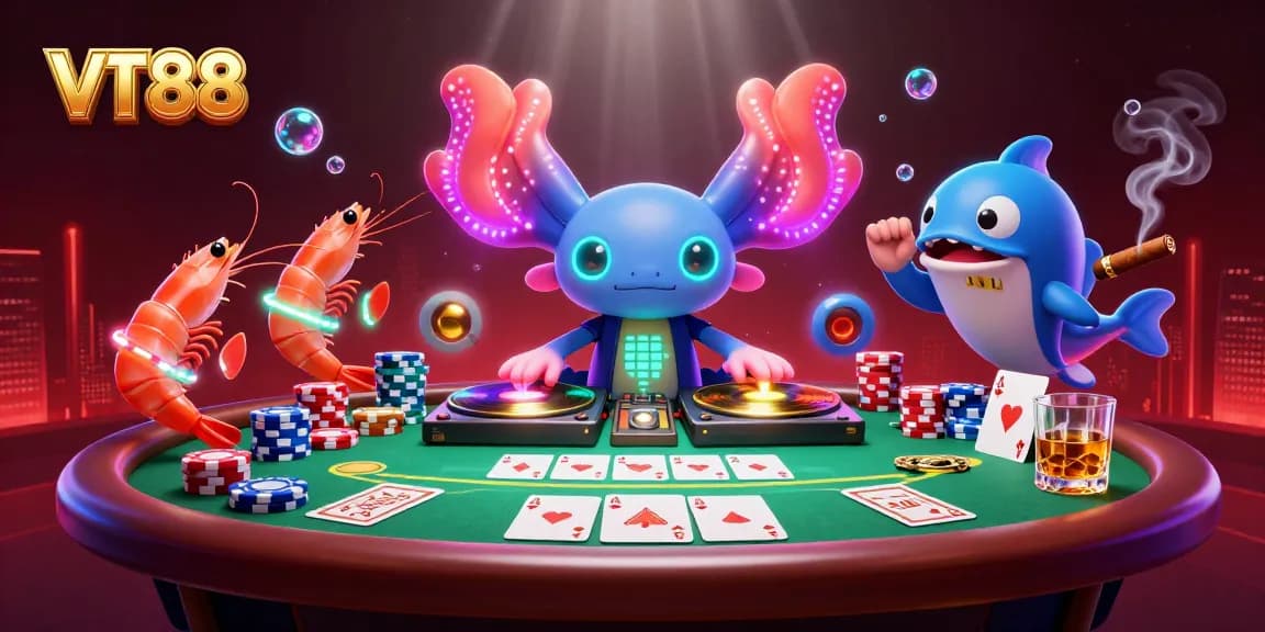 VT88 axolotl DJ spins golden records at an exciting poker-themed underwater casino party.