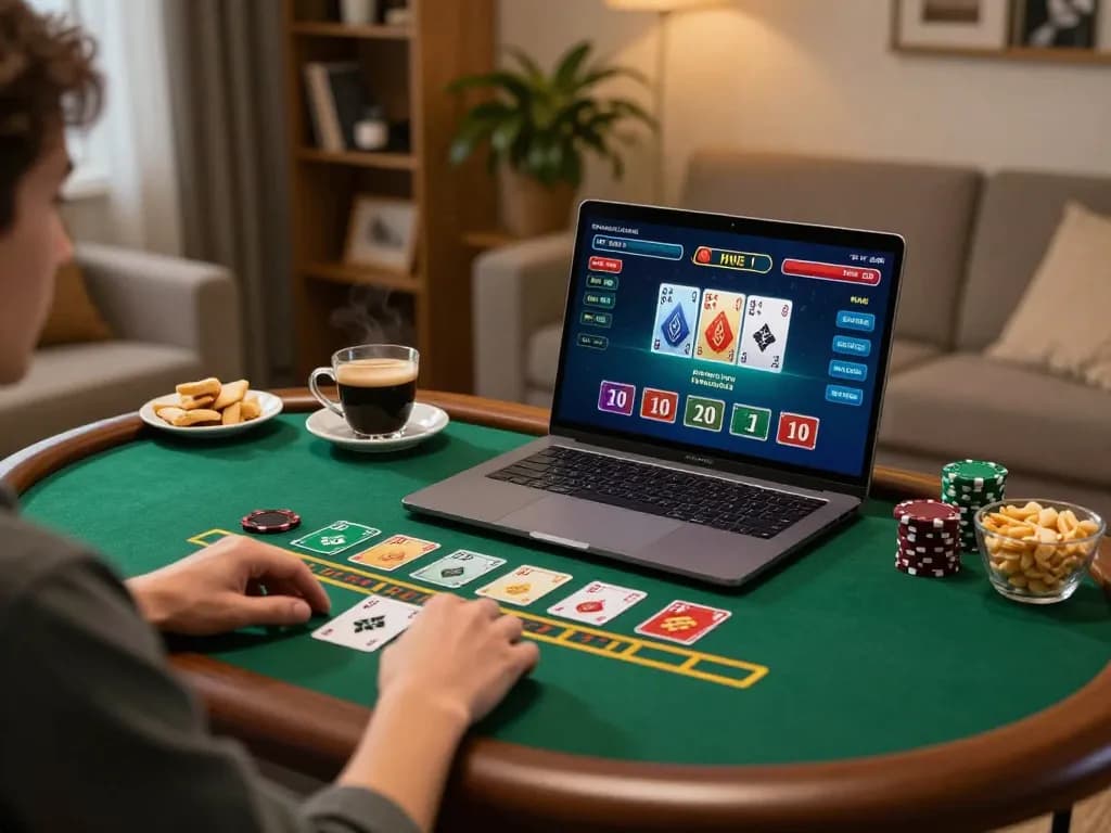 HM88 player engaging in live dealer blackjack on laptop, showcasing strategic gameplay at home.