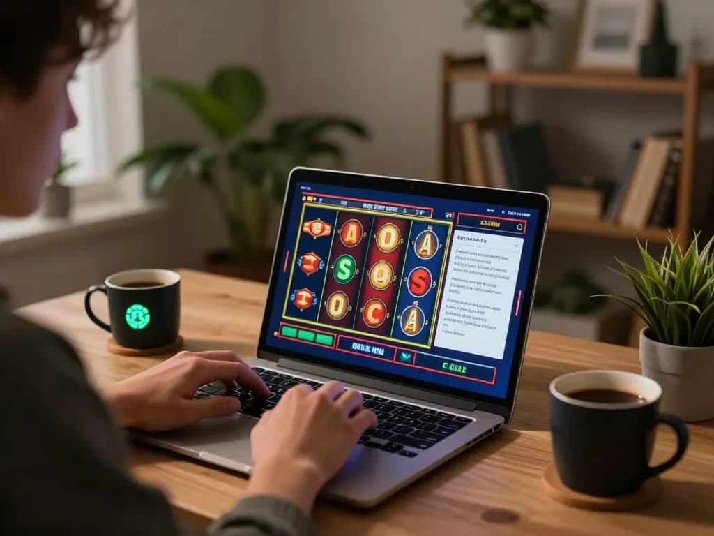 Engaging player enjoying slot online gaming on laptop with strategy notes.