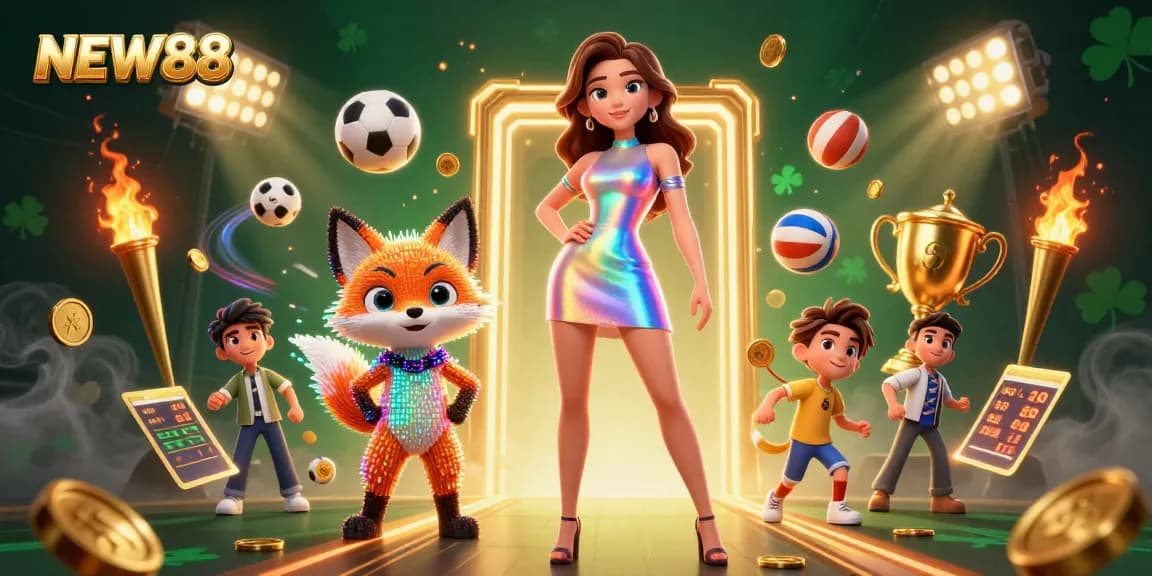 Experience thrilling betting with NEW88's vibrant 3D illustration featuring dynamic sports elements.
