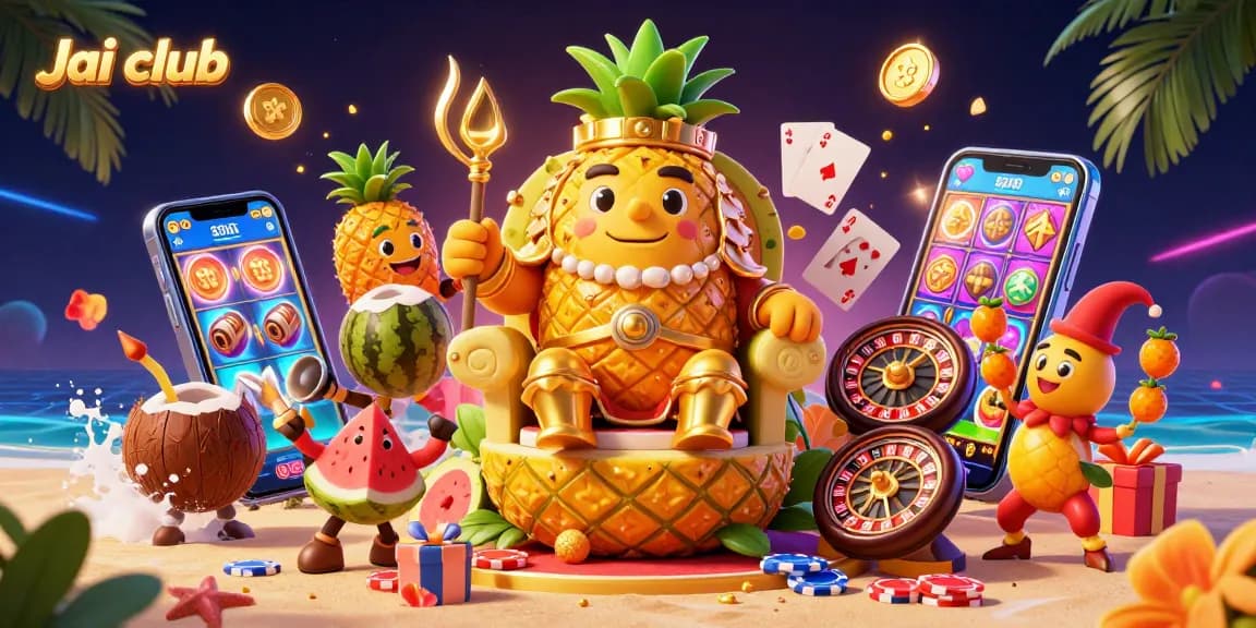 Experience the excitement of Jai club with this vibrant 3D casino illustration featuring slot games and dynamic characters.