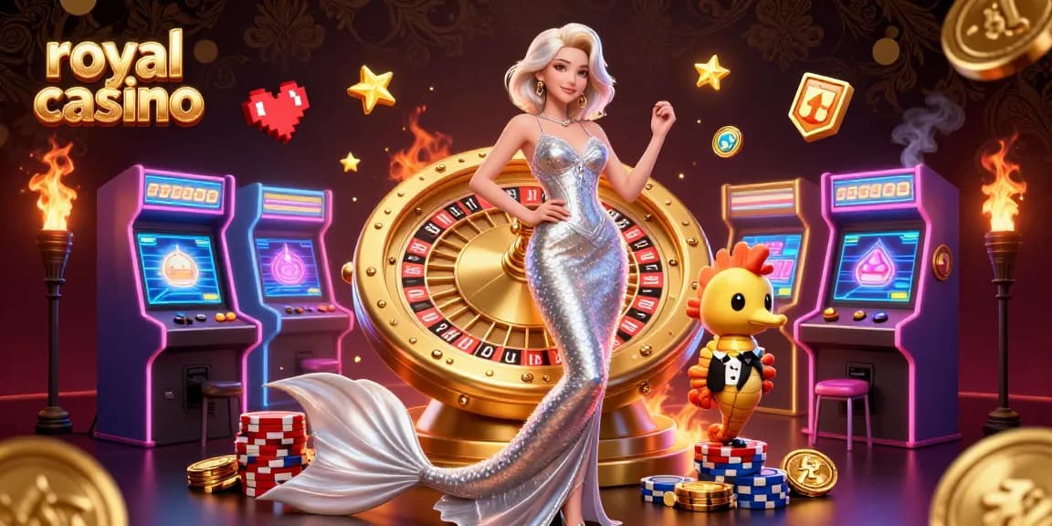Engage with royal casino excitement as a stunning woman poses by a giant roulette wheel, enhanced with vibrant game elements.