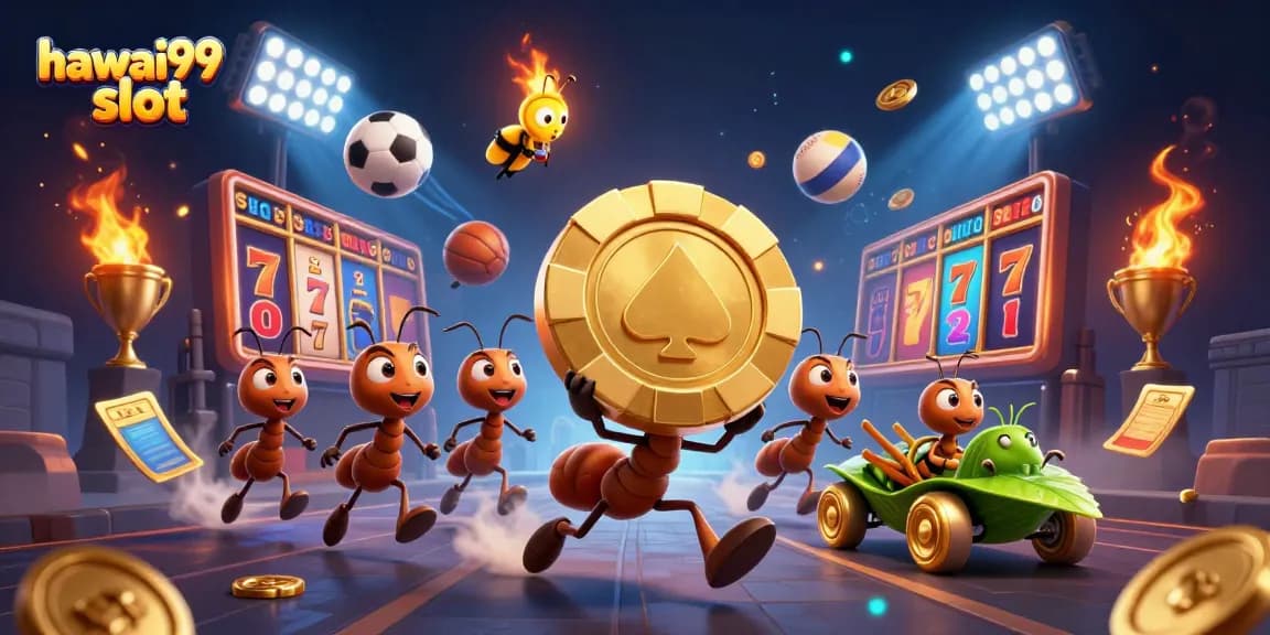 See hawai99 slot celebration as ants flee with a giant poker chip amidst dazzling casino elements.