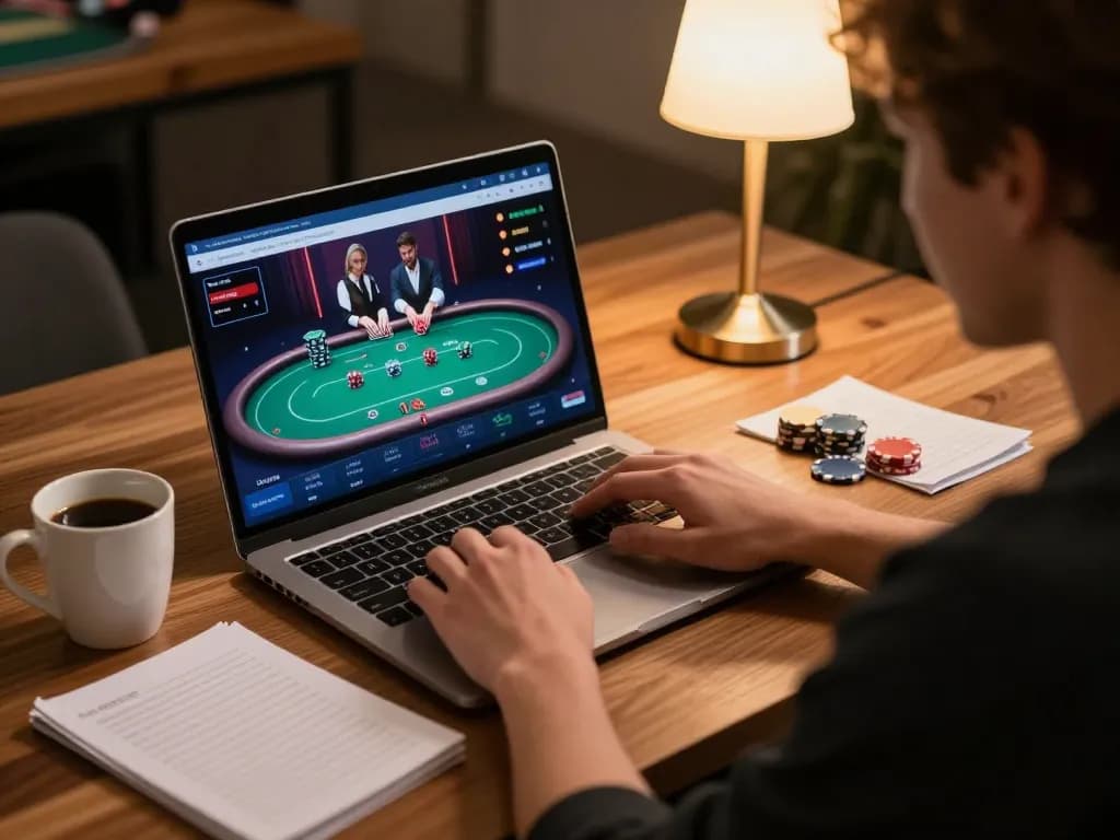 Person engaging in strategic online gaming at ATQ with poker interface displayed on laptop.