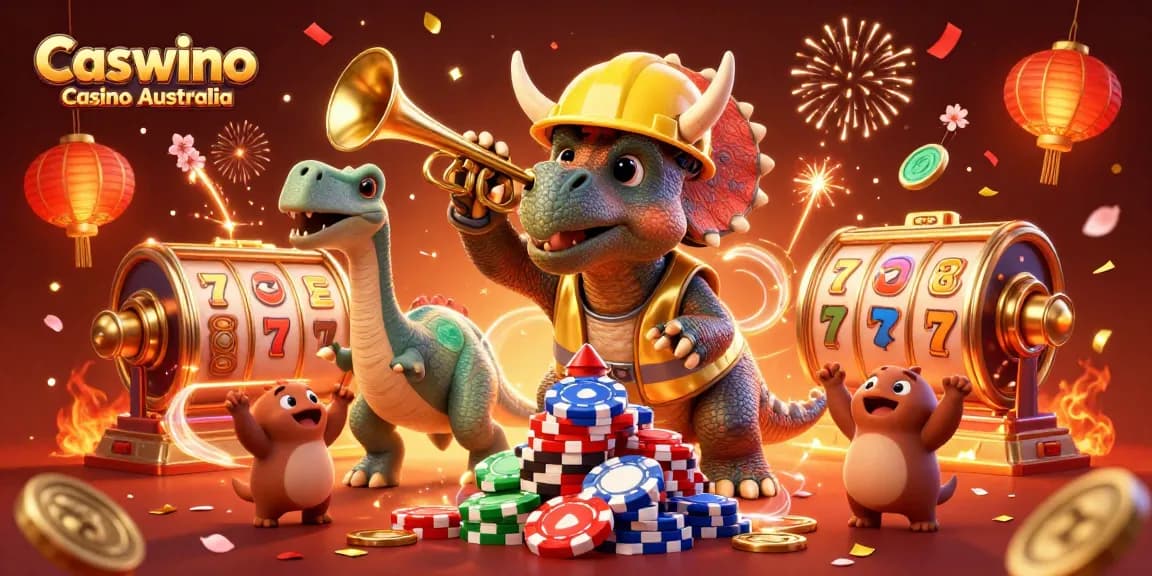 Caswino Casino Australia celebrates with a 3D triceratops building poker chips amidst festive gaming elements.