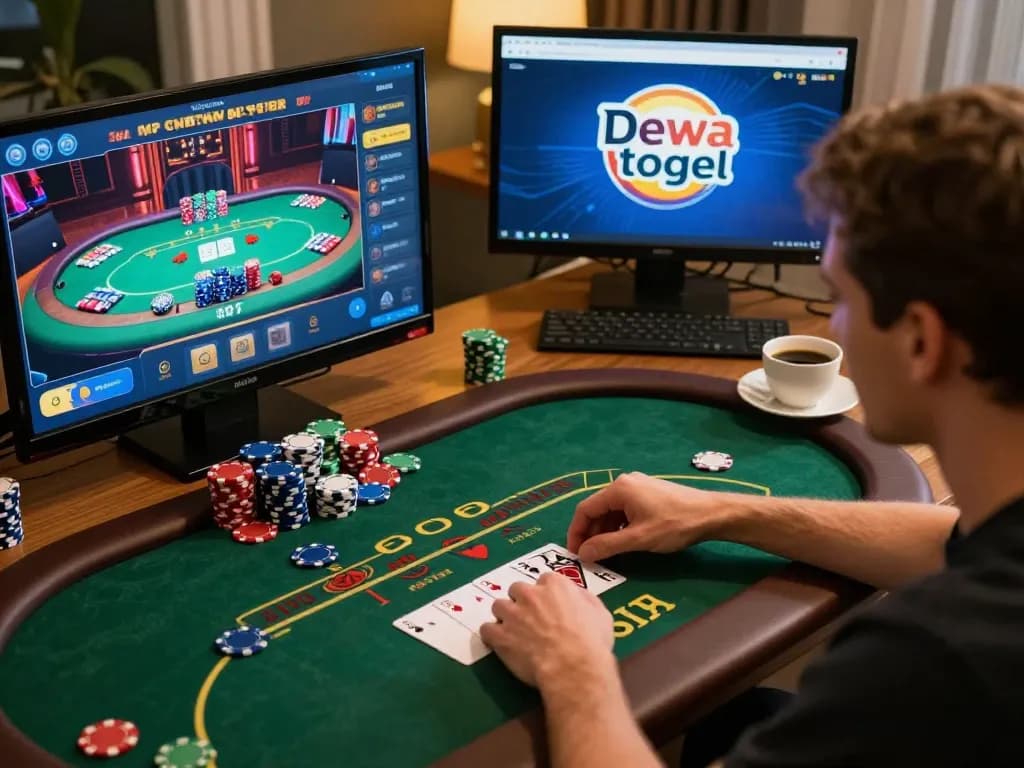 Dewa togel player engaging in live dealer poker from home with a focus on strategy and comfort.
