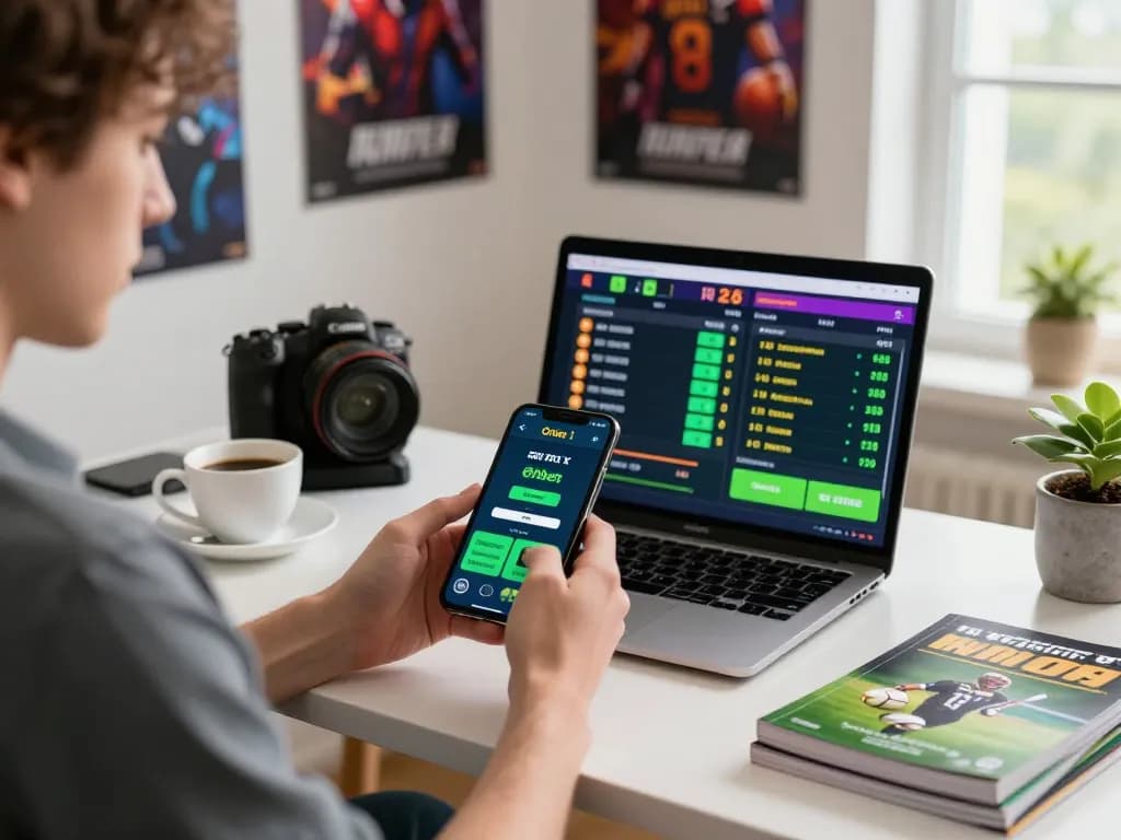User engaging with the Onbet app on a smartphone in a modern home office setup, showcasing excitement of online betting.