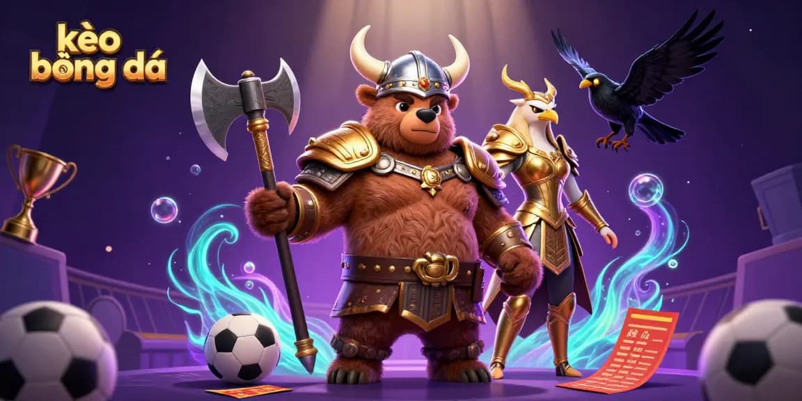 Bet on kèo bóng đá with a Viking berserker, Valkyrie eagle, and vivid sports themes.