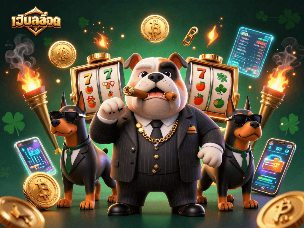 Engaging เว็บสล็อต casino scene featuring mafia bulldog and Doberman bodyguards among slot machines.