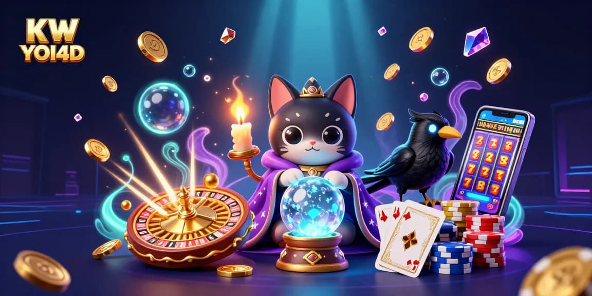 Menangkan permainan kasino dengan KW YOI4D, simbol keberuntungan dan keceriaan terwakili dalam ilustrasi 3D.