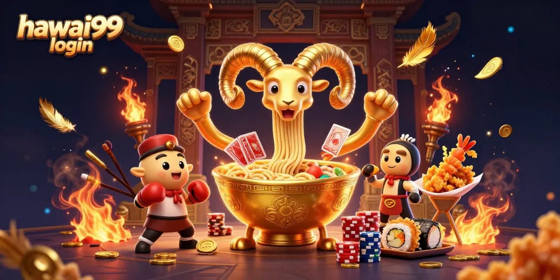Experience the excitement of hawai99 login as a giant golden ramen bowl deals cards and stacks chips in a vibrant casino scene.