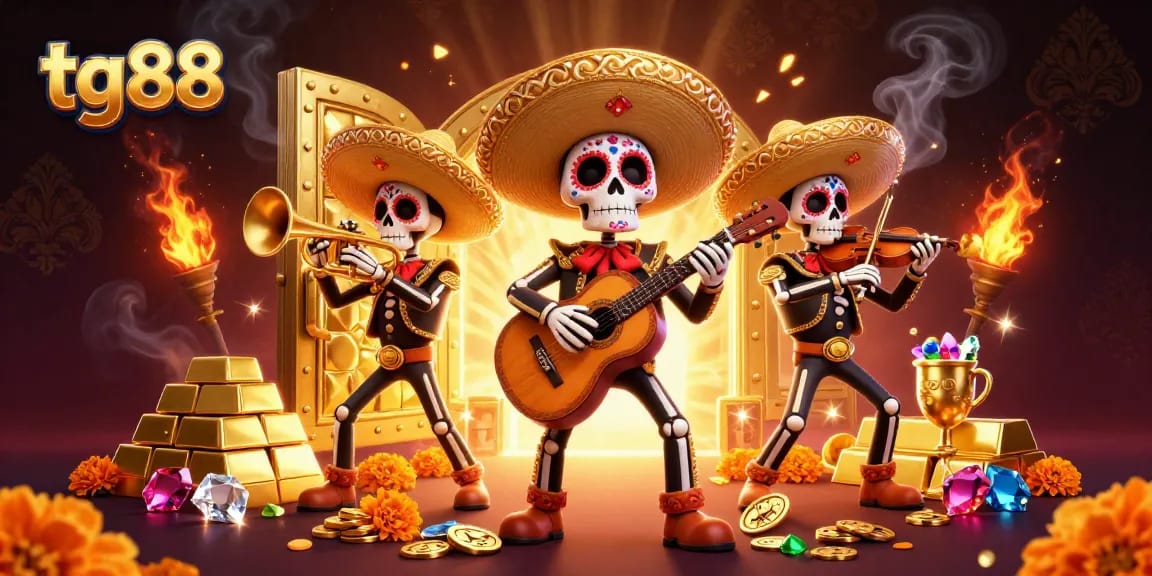 Experience thrilling wins with tg88 at a vibrant Dia de los Muertos-themed casino illustration.
