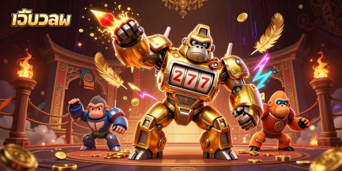 Engage with เว็บบอล featuring an ultra-detailed gorilla mech and dynamic casino elements.