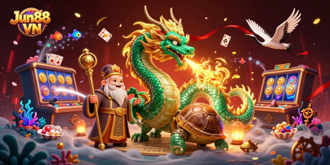 Experience thrilling wins at Jun88 VN with a vibrant underwater casino featuring dragons, turtles, and lucky symbols.
