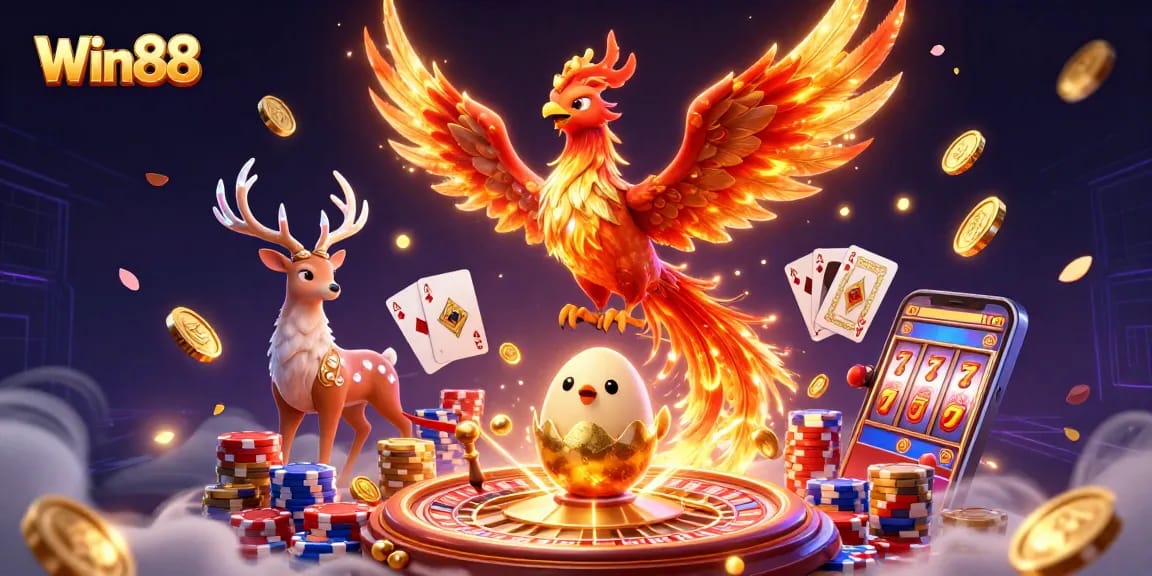 Win88 offers fun and excitement with vibrant casino artwork showcasing a fire phoenix and golden coins.