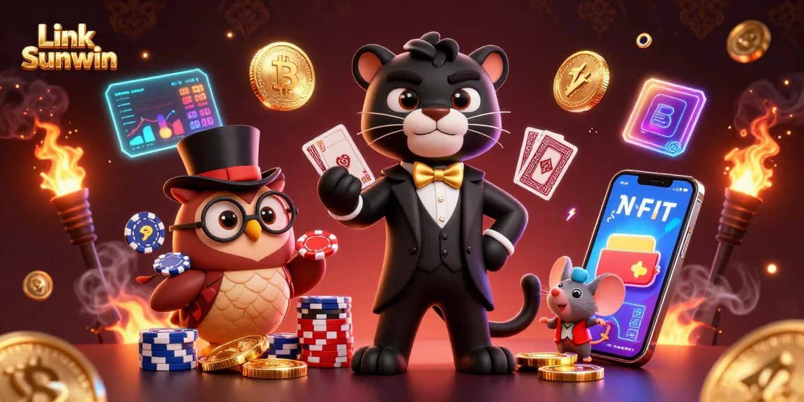 Experience excitement with Link Sunwin's vibrant 3D casino scene featuring stylish characters and glowing elements.