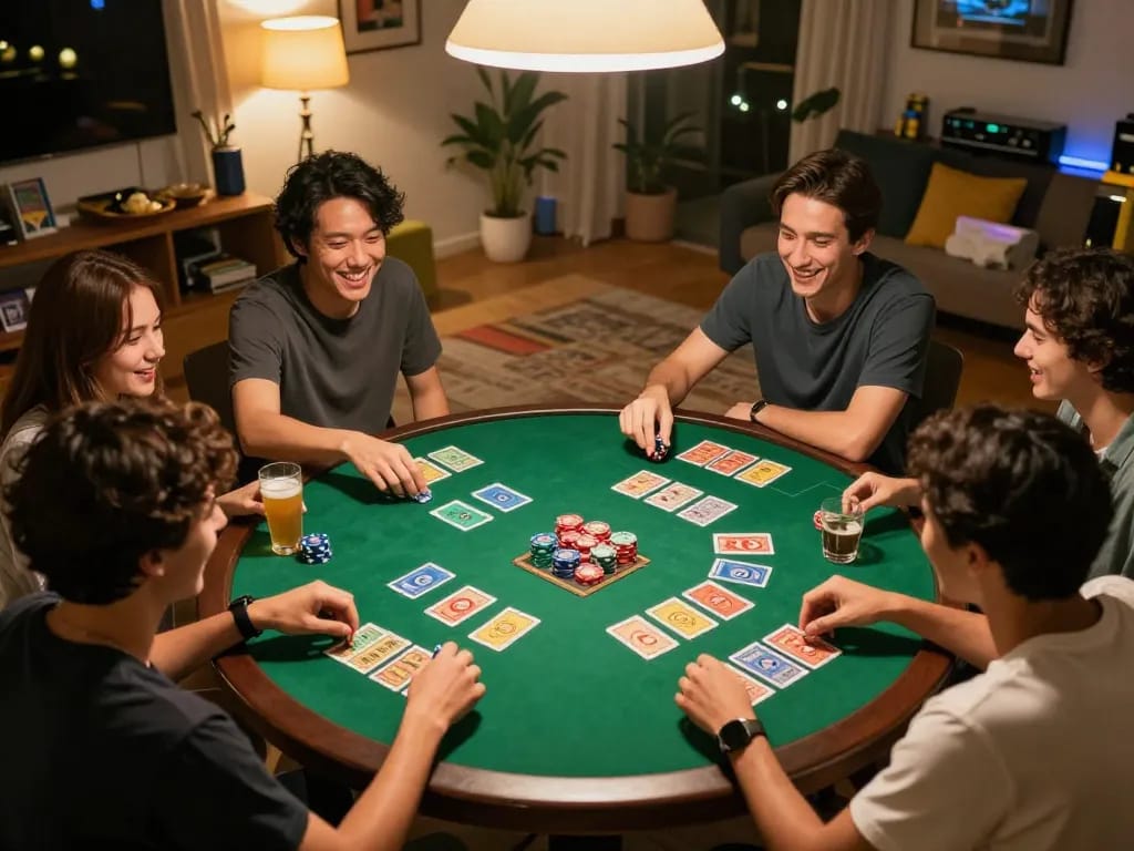 Friends playing Xóc Đĩa game with chips and cards in a lively home setting