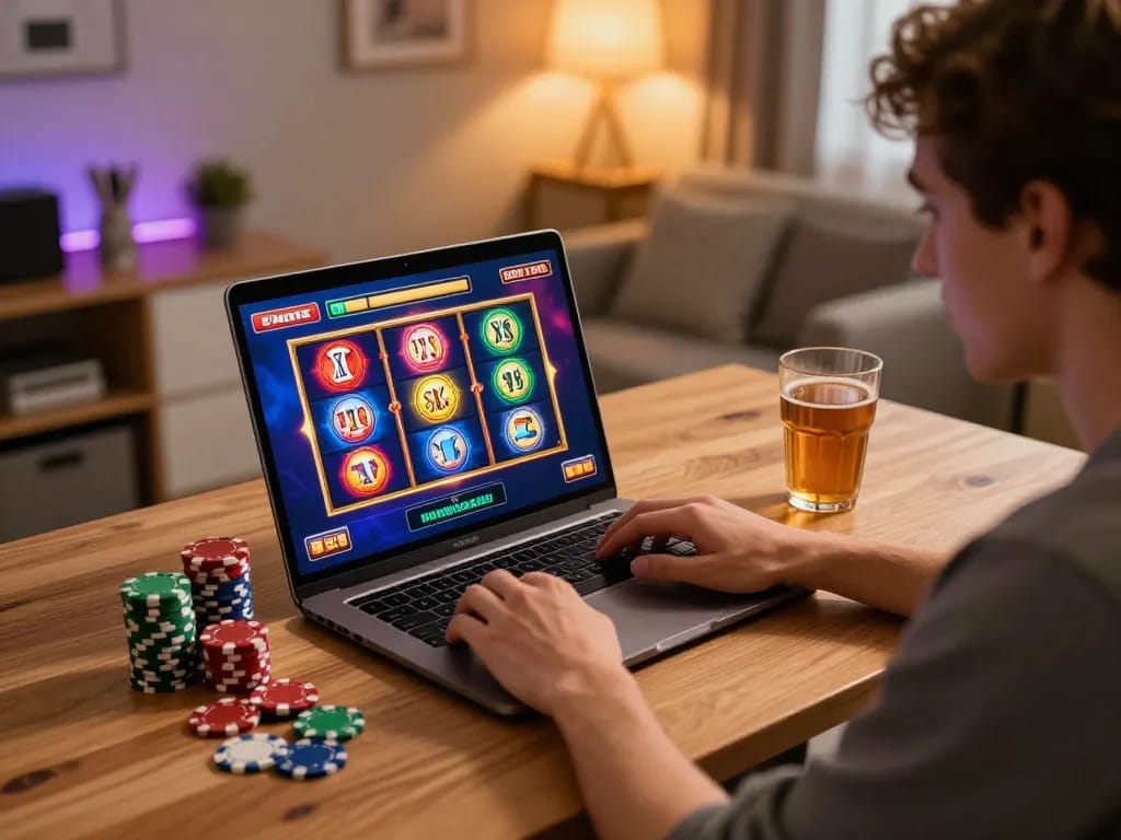 Player engaging with SpinAdvisor's online slot recommendations at home, showcasing strategic gameplay.