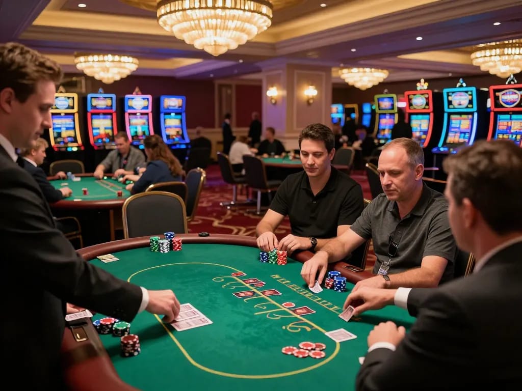 56WIN players engaged in a lively poker game at an upscale casino, showcasing dynamic gameplay and vibrant atmosphere.