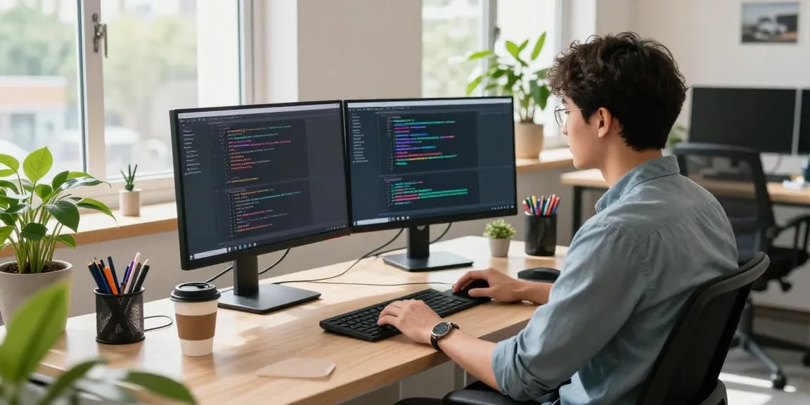 Developer coding GB WhatsApp features in a modern tech workspace with multiple screens