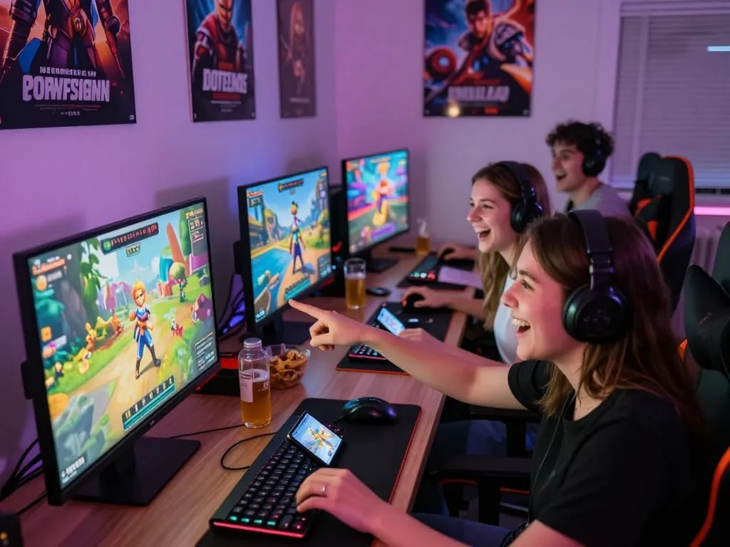 Group enjoying interactive porngame sessions in a lively game room with vibrant displays.