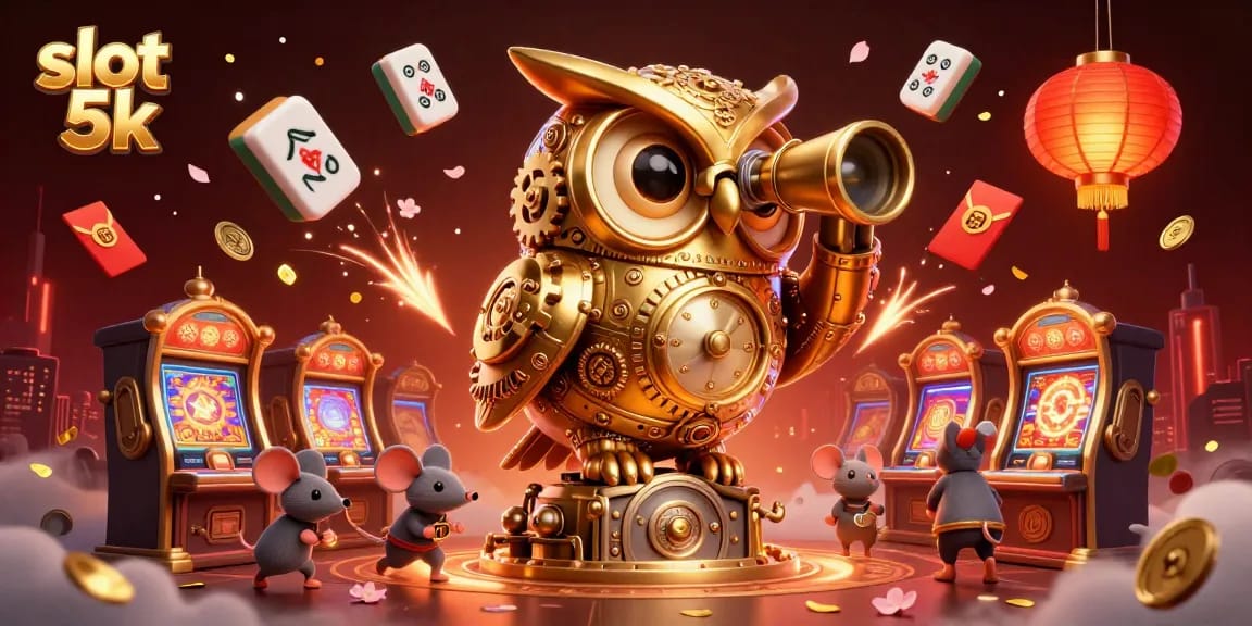 Spin the action-packed slot 5k machines in this bustling casino scene featuring animated characters and vibrant decorations.